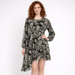 TOPSHOP Long Sleeve Floral Crepe Asymmetrical Trapeze Mini Dress US 14/UK 18